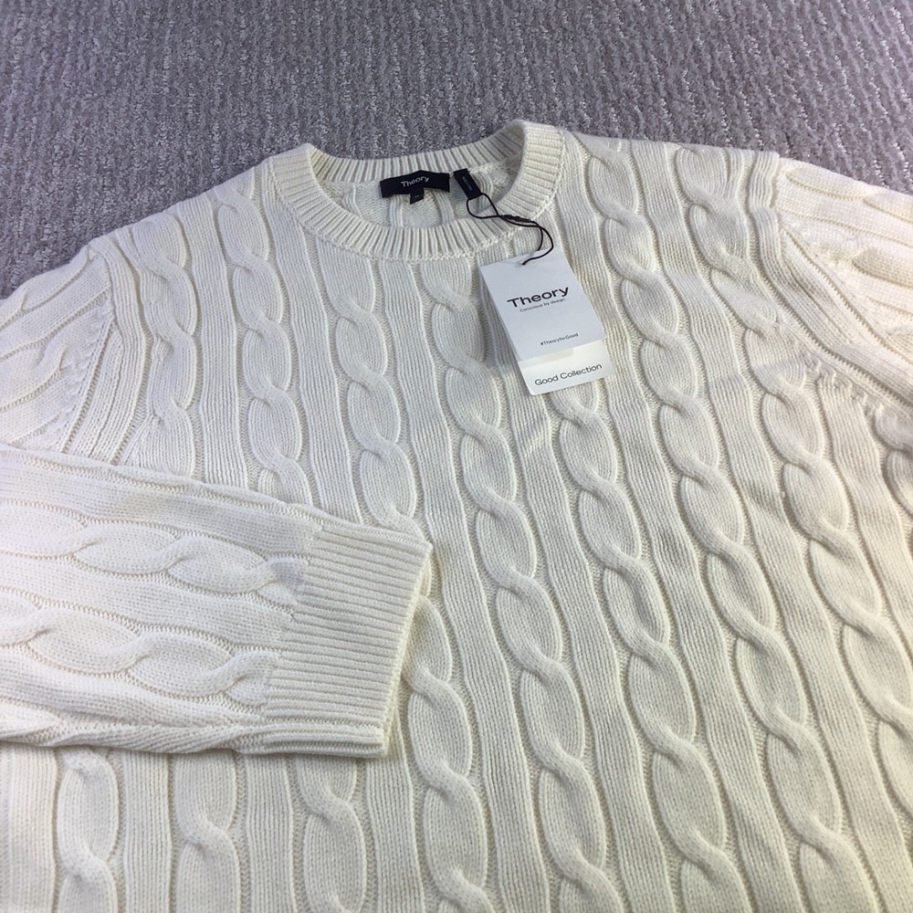 Theory Cable Knit Sweater Cream Wool Cashmere Blend Crew Neck Long Sleeve XL NWT